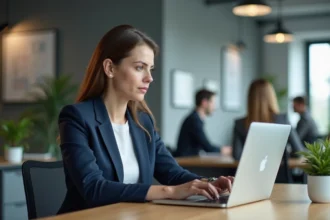 Femme connectée sur Planbi depuis un ordinateur portable dans un bureau moderne