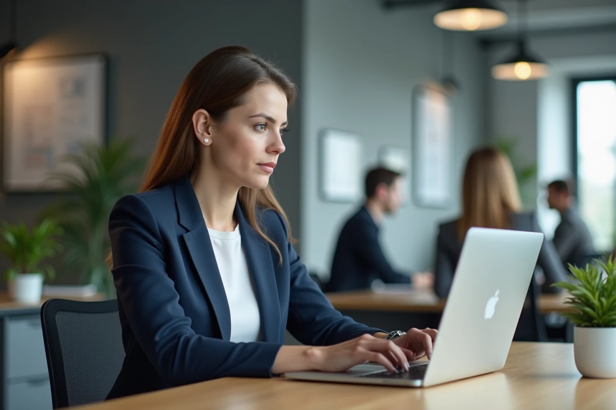 Femme connectée sur Planbi depuis un ordinateur portable dans un bureau moderne