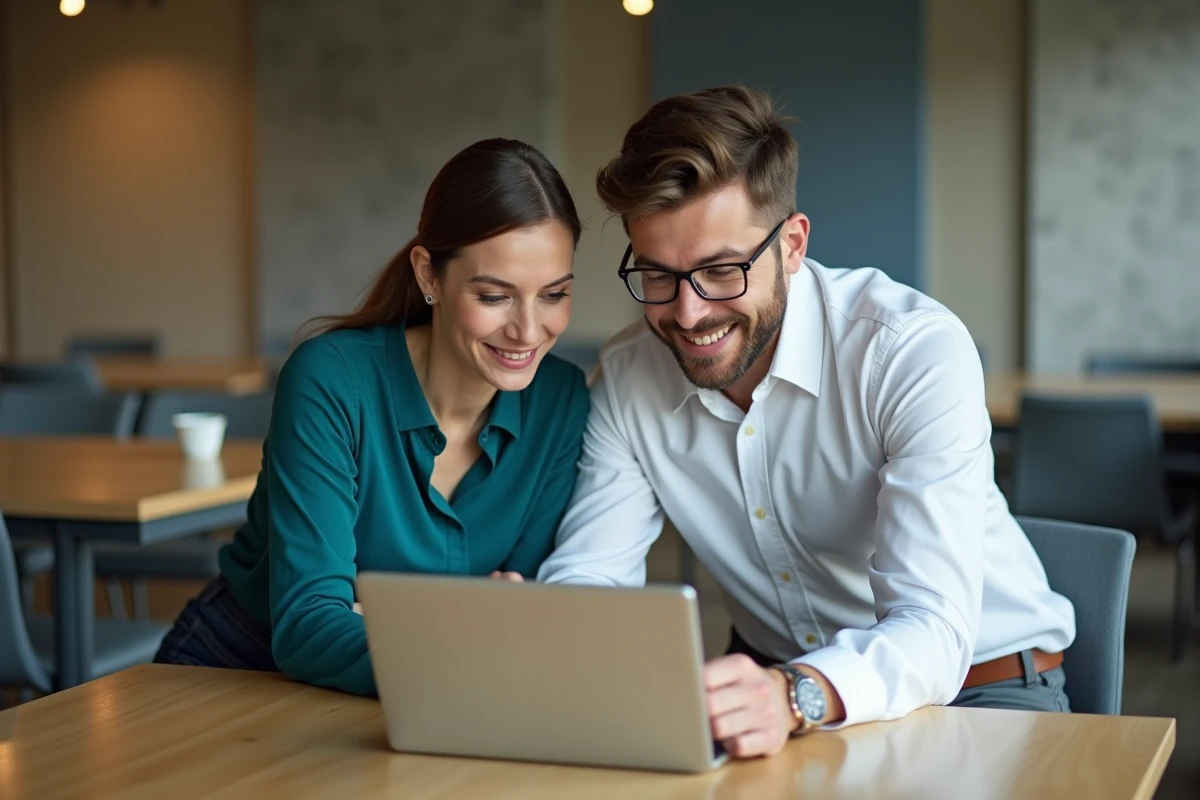 Deux collègues consultant ensemble un guide de connexion Planbi dans un espace de coworking