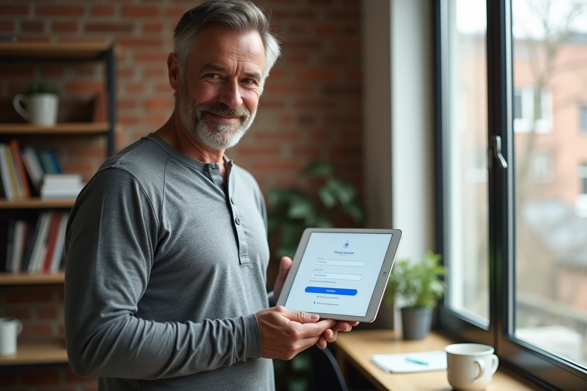 Homme consultant une interface de connexion Planbi sur une tablette à domicile