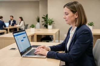 Employée de La Poste connectée au portail Portail malin sur son ordinateur portable au bureau