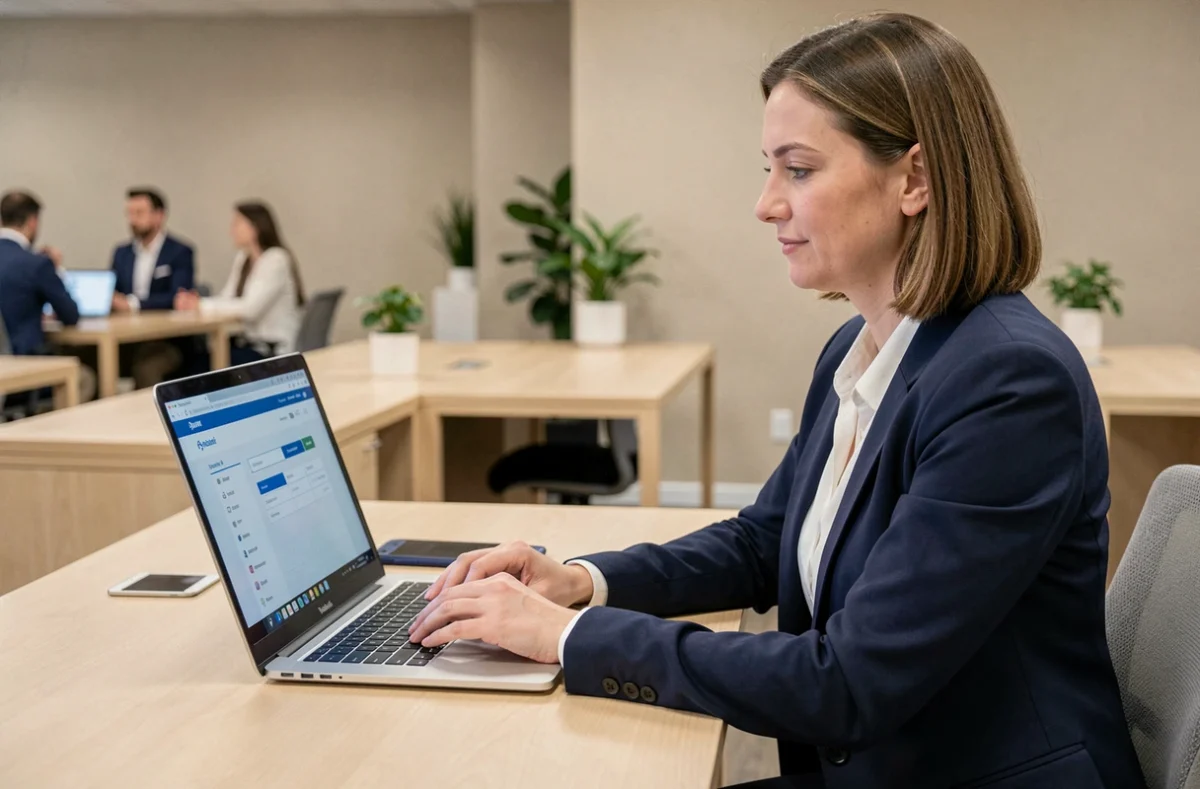 Employée de La Poste connectée au portail Portail malin sur son ordinateur portable au bureau