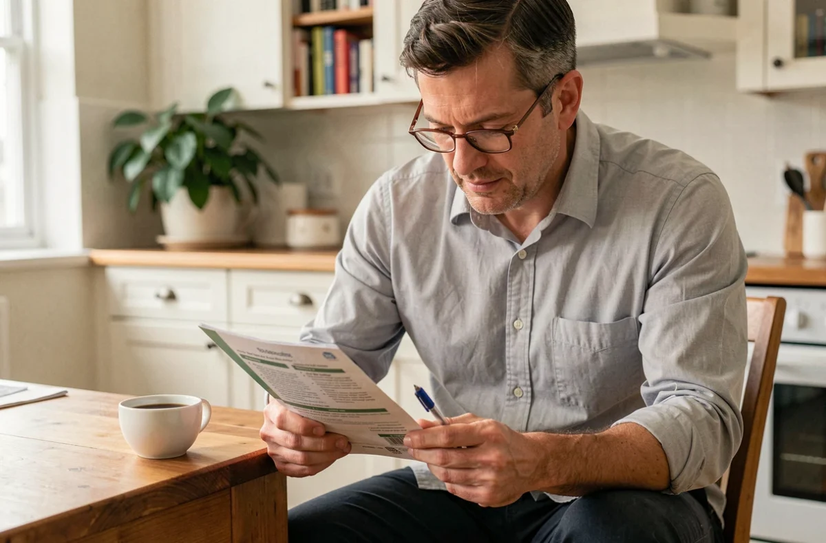 Consultant indépendant en portage salarial lisant attentivement une brochure de mutuelle santé à son domicile
