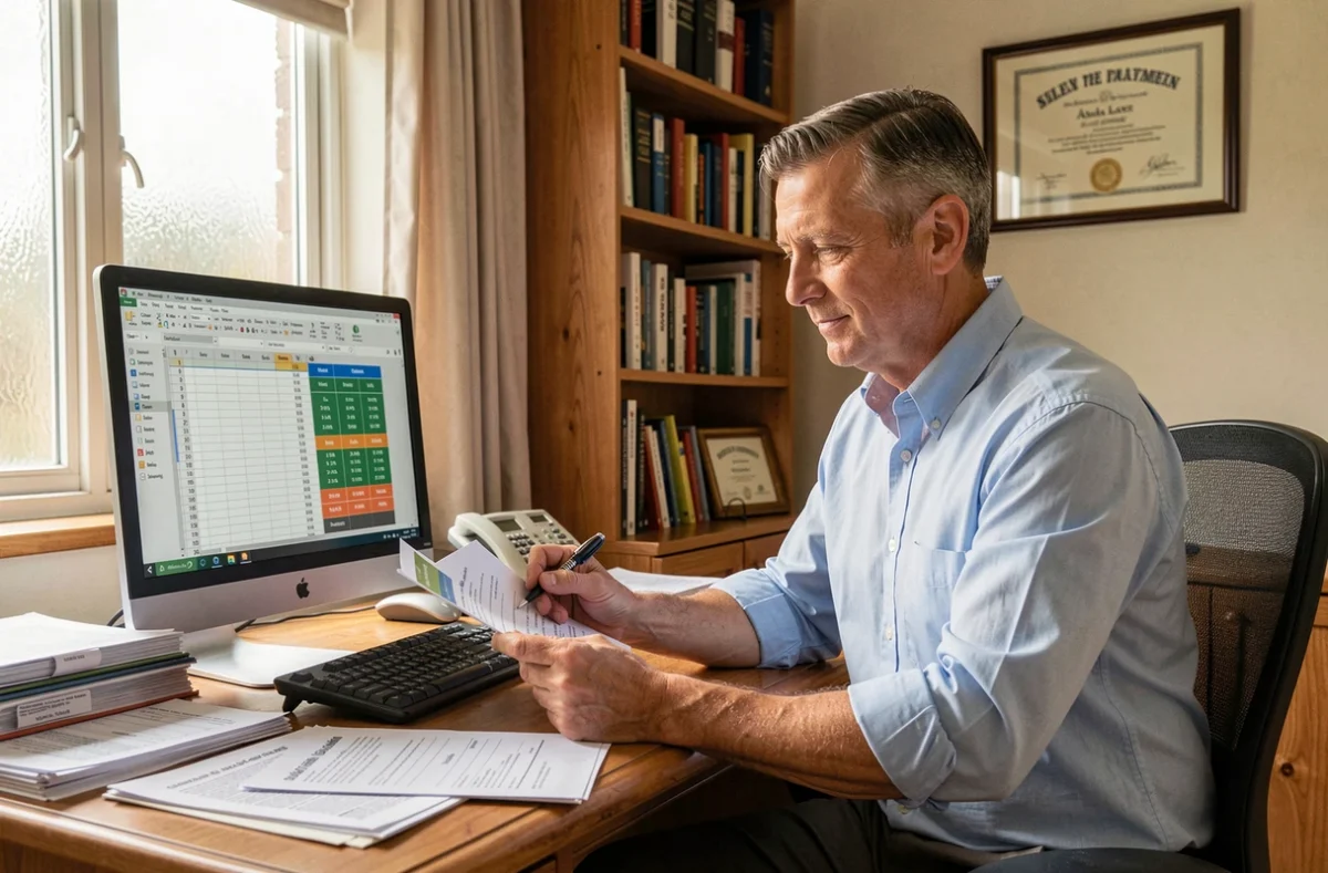 Consultant senior en portage salarial analysant un tableau de calcul de salaire net depuis son bureau à domicile