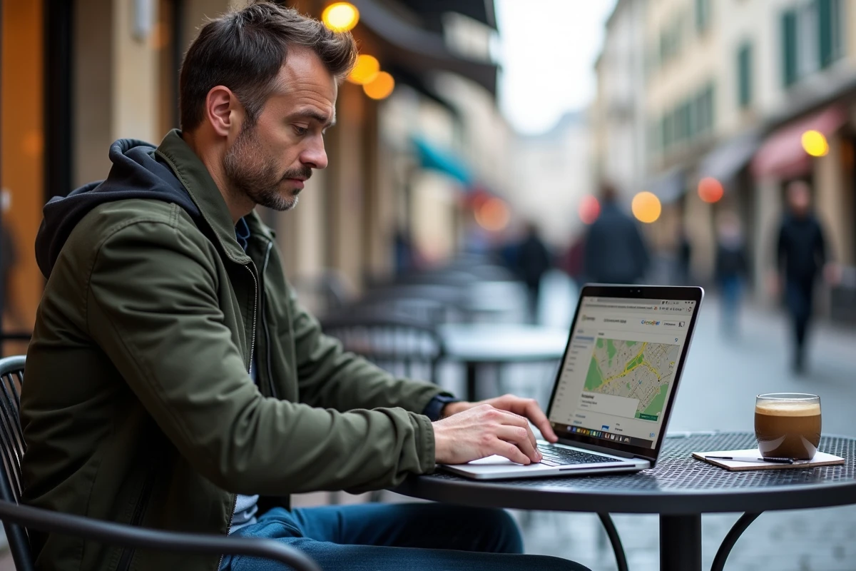 Consultant SEO local à Rennes travaillant en terrasse de café sur le référencement Google Maps d'entreprises locales