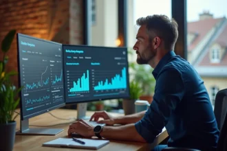 Consultant SEO à Rennes analysant des données de visibilité locale sur un écran d'ordinateur dans un bureau moderne