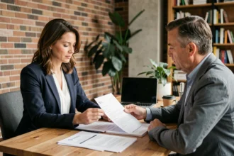 Consultante en portage salarial présentant un contrat de mission à un client particulier dans un espace de coworking moderne