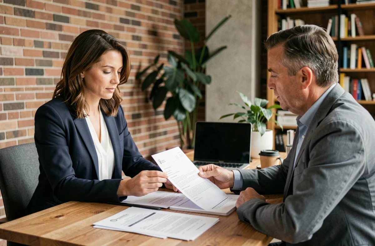 Consultante en portage salarial présentant un contrat de mission à un client particulier dans un espace de coworking moderne
