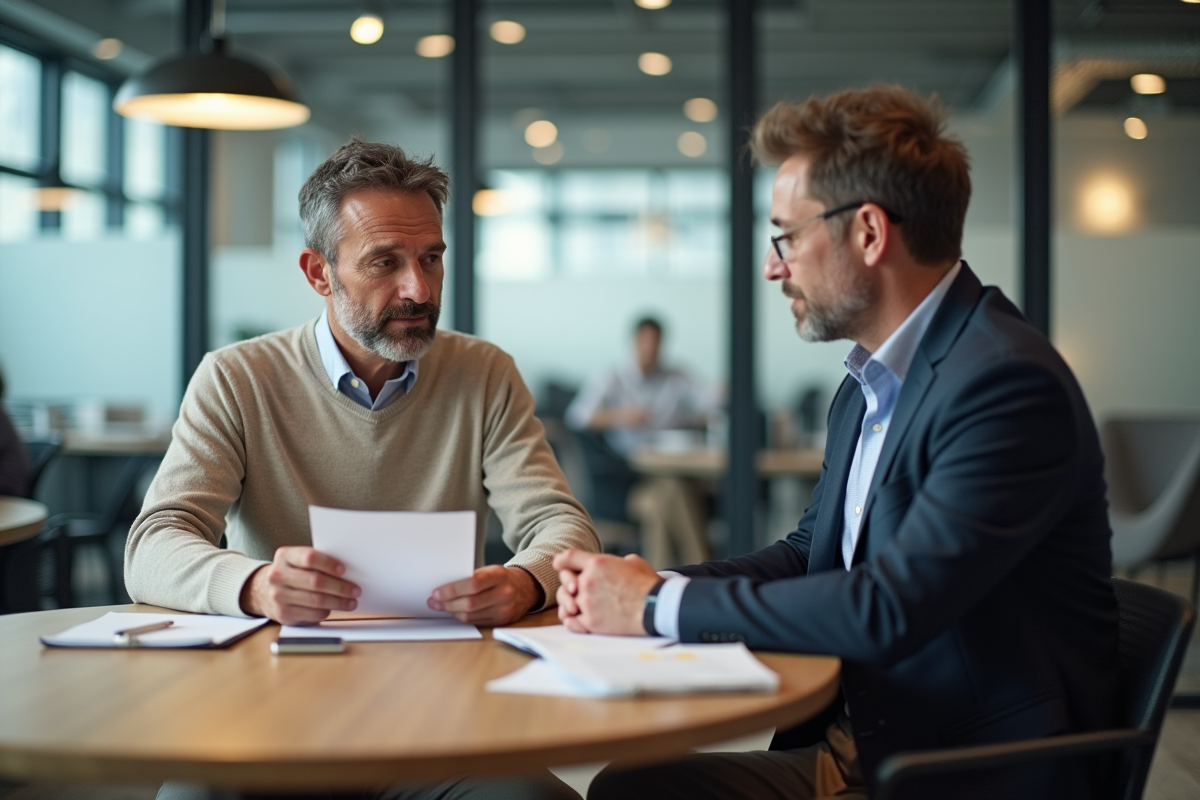 Homme en discussion avec un conseiller juridique dans un espace de coworking