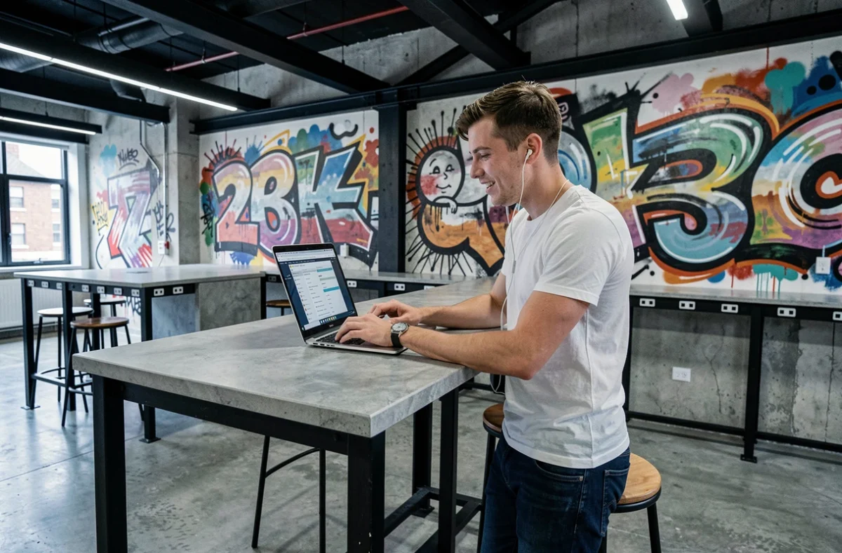 Jeune homme travaillant debout dans le coworking 21 Street, ambiance urbaine industrielle avec mur street-art et mobilier en acier noir