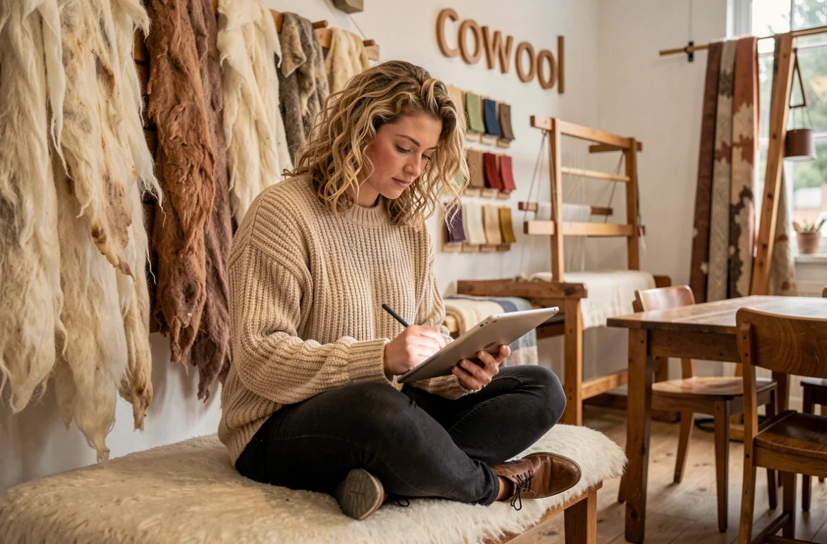 Femme travaillant sur tablette dans le coworking Cowool Toulouse, ambiance textile avec laine, installations artisanales et bois naturel