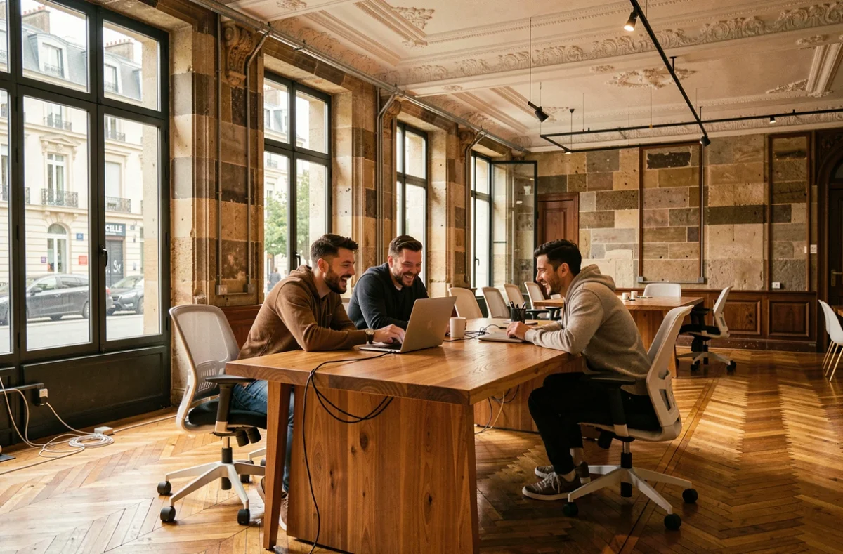 Groupe de professionnels collaborant autour d'une table dans l'espace Etincelle Coworking Wilson, avec parquet ancien et moulures haussmanniennes