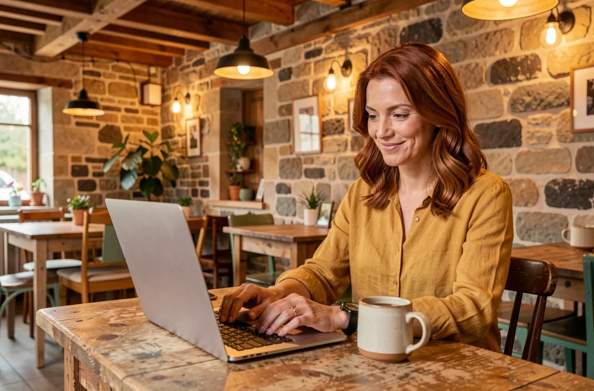 Femme travaillant dans l'ambiance chaleureuse de La Kooloc Coworking, avec murs en pierre apparente et mobilier chiné vintage
