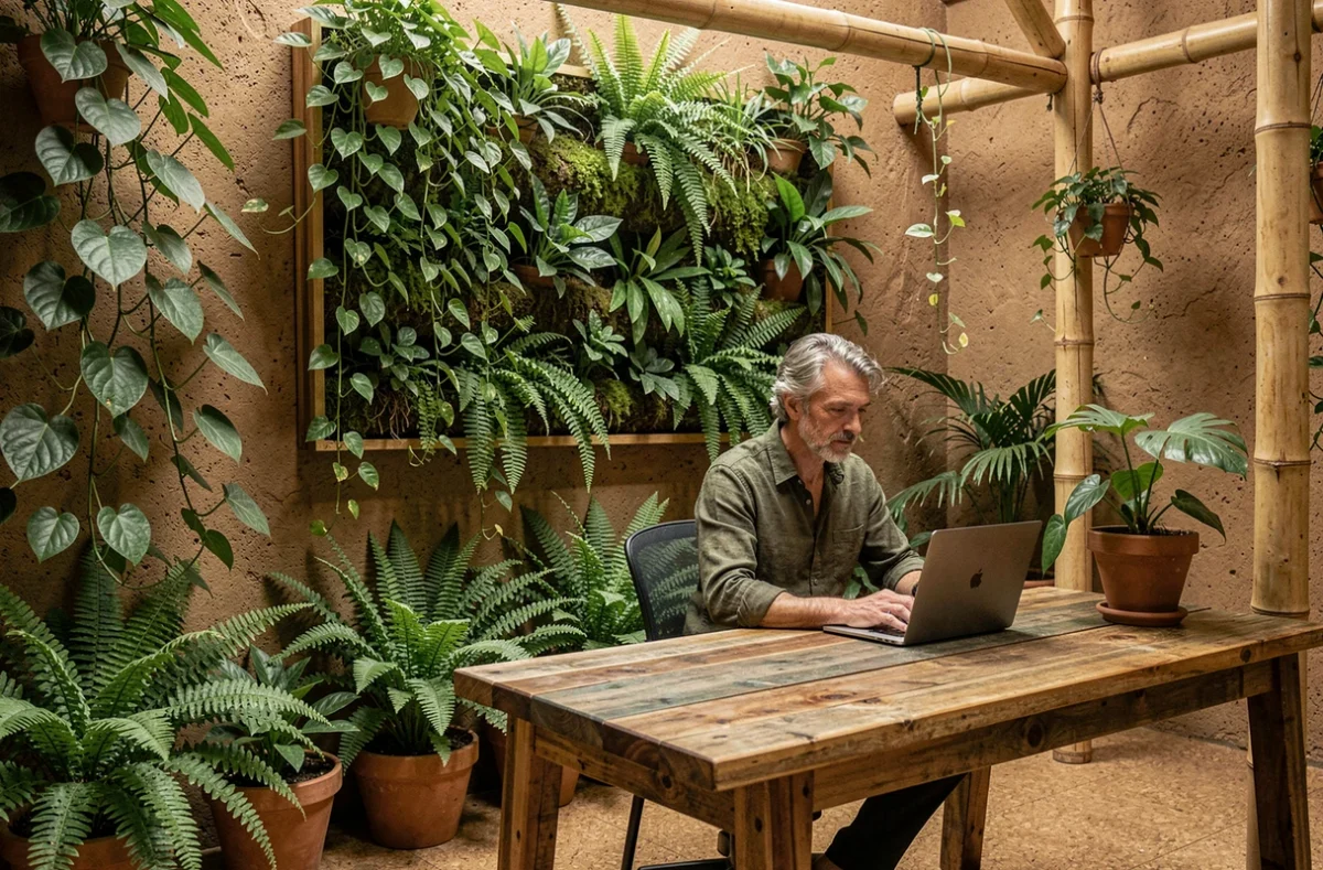 Homme travaillant entouré de murs végétaux et plantes abondantes dans l'espace La Sève Greenworking, mobilier en bois recyclé