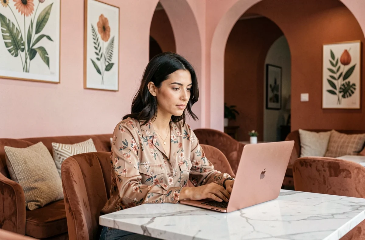 Femme travaillant dans l'espace de coworking La Toulousaine à Toulouse, avec un intérieur élégant aux tons pastel et mobilier en velours