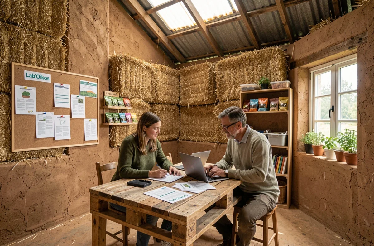 Deux professionnels collaborant dans Lab'Oïkos, coworking écologique avec murs en terre crue, paille et mobilier récupéré