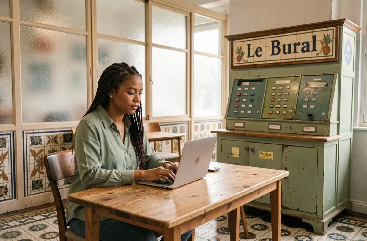 Femme travaillant dans Le Bural, coworking installé dans une ancienne maison rurale, avec carrelage mosaïque et décor de village authentique