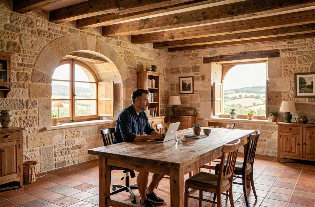 Homme travaillant dans le cadre champêtre de Maison Roquelongue Coworking, intérieur en pierre calcaire, tomettes et poutres en chêne