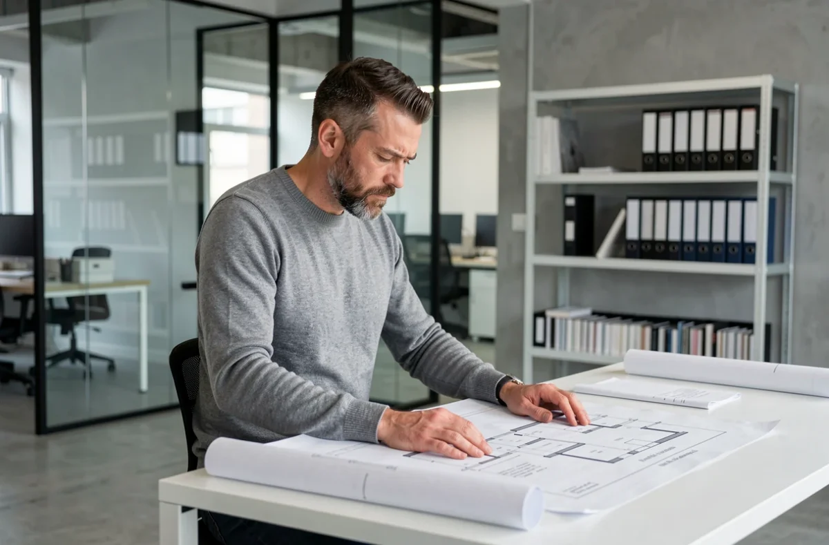 Homme consultant des plans dans l'espace de coworking Tau à Toulouse, environnement moderne avec partitions vitrées et sol en béton poli