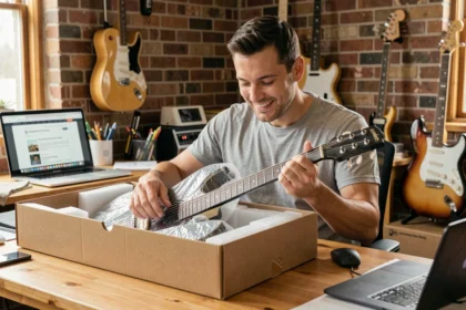 Homme déballant une guitare électrique commandée sur Thomann dans un studio maison, expression satisfaite