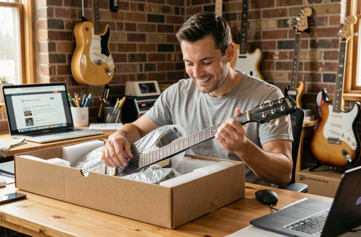 Homme déballant une guitare électrique commandée sur Thomann dans un studio maison, expression satisfaite