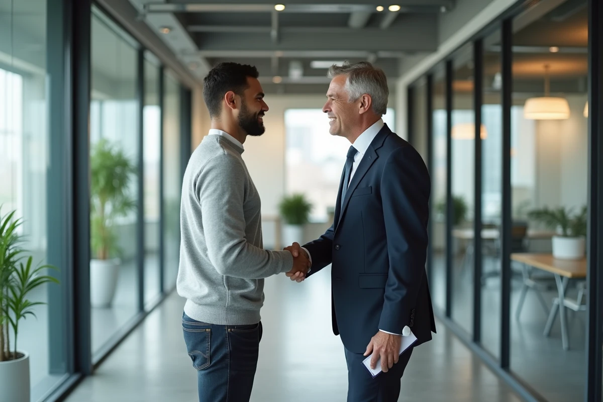 Apprenti serrant la main de son employeur lors d'une séparation cordiale après remise de sa démission sans préavis