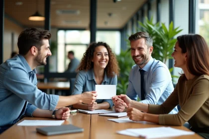 Groupe de collègues d'entreprise échangeant une carte d'adieu