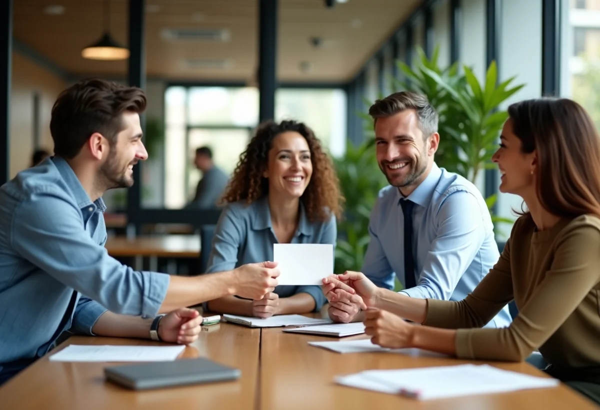 Groupe de collègues d'entreprise échangeant une carte d'adieu