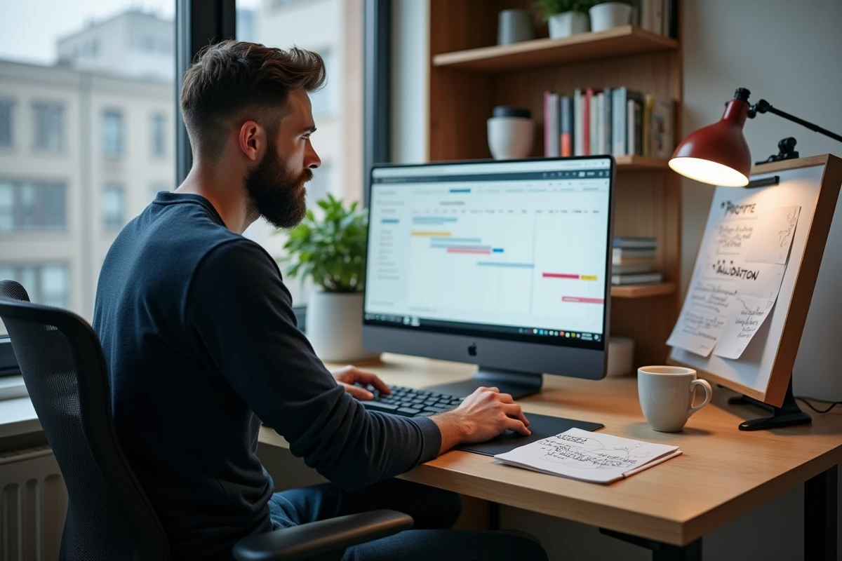 Développeur travaillant sur la roadmap produit d'un MVP depuis son bureau à domicile avec ordinateur et notes manuscrites