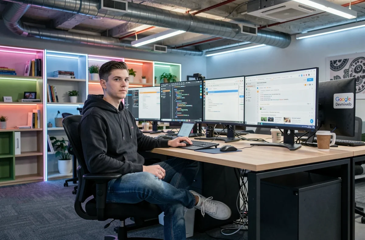Développeur et spécialiste Google Ads de Devmiweb dans un espace de co-working avec plusieurs écrans de code