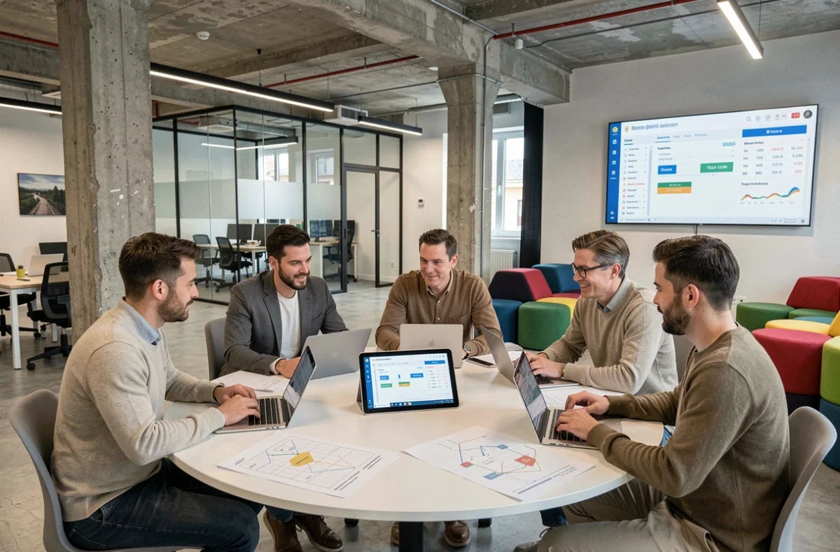 Équipe pluridisciplinaire du Digital Hub d'Aix-en-Provence collaborant sur un projet digital autour d'une table de travail connectée