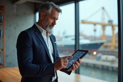 Dirigeant de chantier naval analysant des tableaux de bord numériques sur une tablette dans un bureau avec vue sur le quai sec