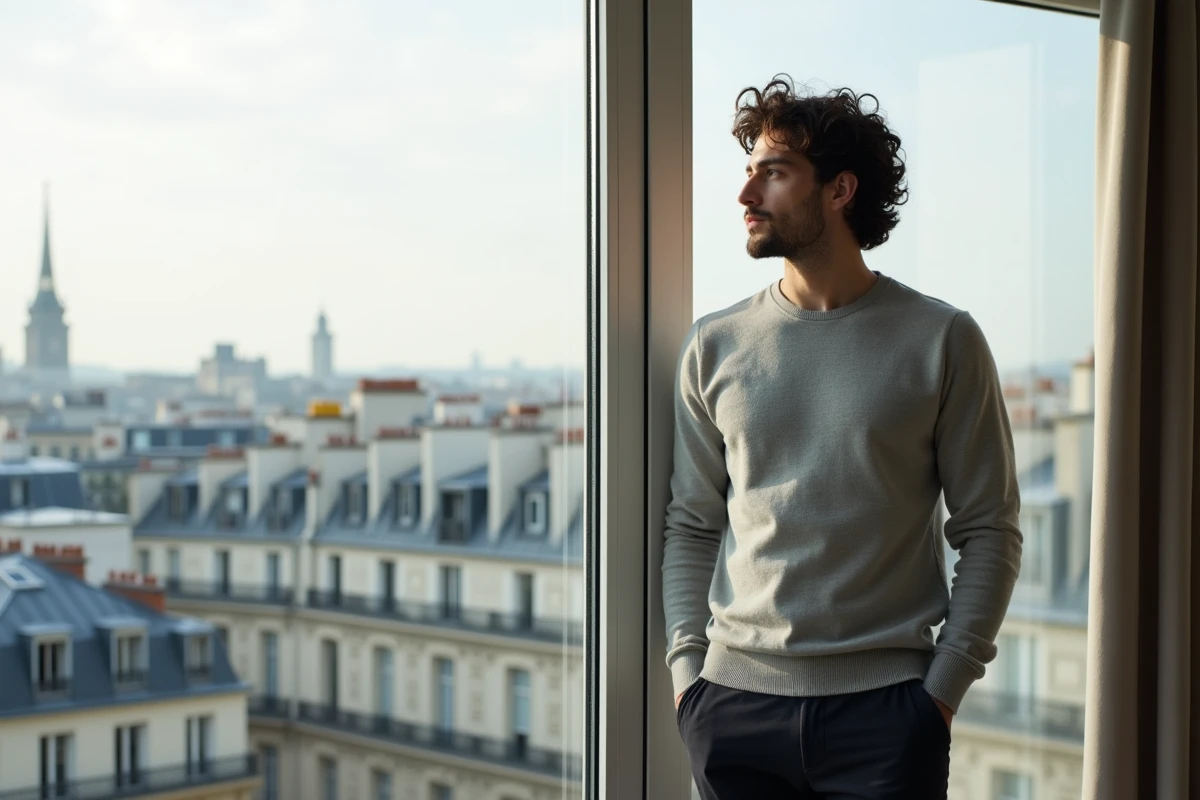 Entrepreneur tech de haute stature devant les toits de Paris, illustration du profil d'un dirigeant visionnaire de l'intelligence artificielle française