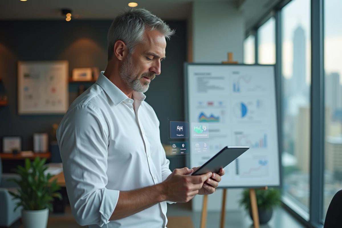 Dirigeant d'entreprise consultant une plateforme d'outils digitaux intégrés sur tablette dans un bureau vitré