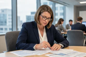 Dirigeante d'entreprise analysant des documents fiscaux DGFiP dans un bureau professionnel moderne