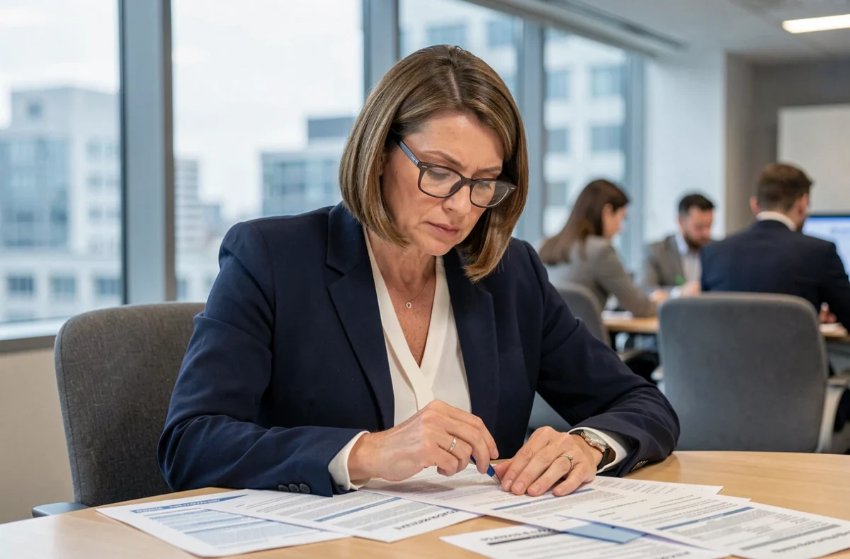 Dirigeante d'entreprise analysant des documents fiscaux DGFiP dans un bureau professionnel moderne