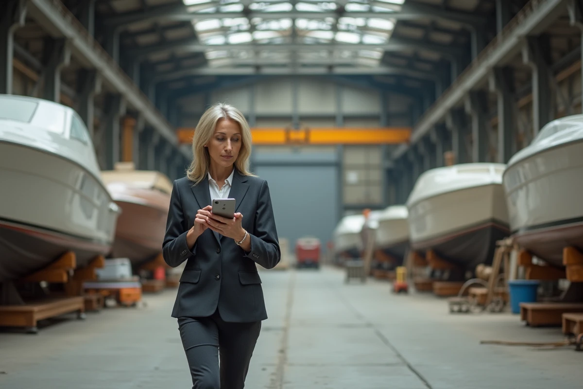 Dirigeante de chantier naval en visite dans un hangar de construction de bateaux, consultant des données sectorielles sur smartphone