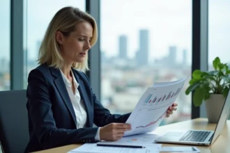 Dirigeante d'entreprise consultant une plateforme B2B sur son ordinateur portable dans un bureau moderne avec vue urbaine