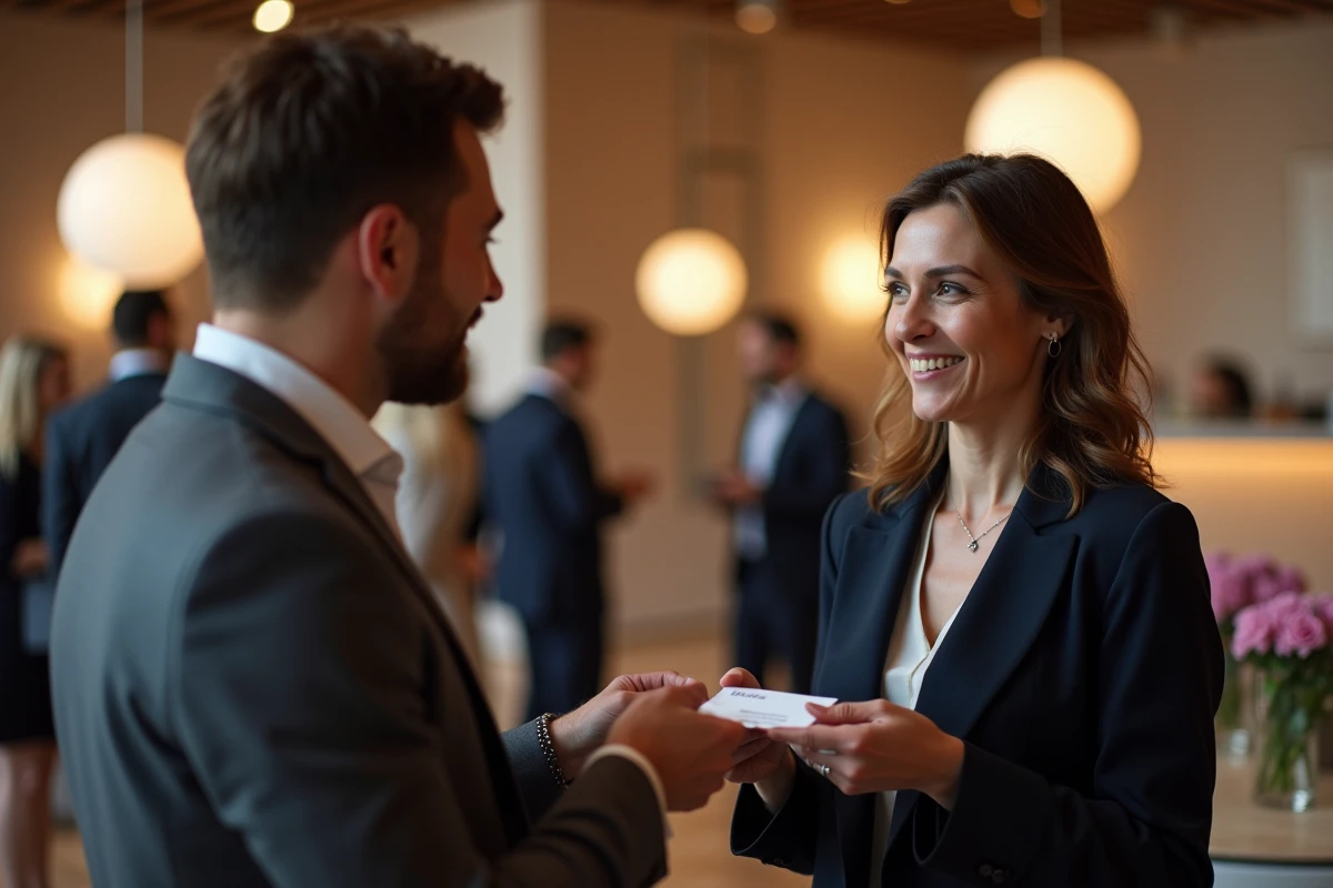 Échange de cartes de visite entre deux professionnels lors d'un rendez-vous client organisé par un cercle B2B