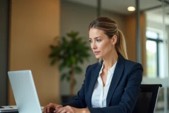 Employée de bureau recherchant l'adresse officielle de GTm Extranet La Poste sur son ordinateur portable