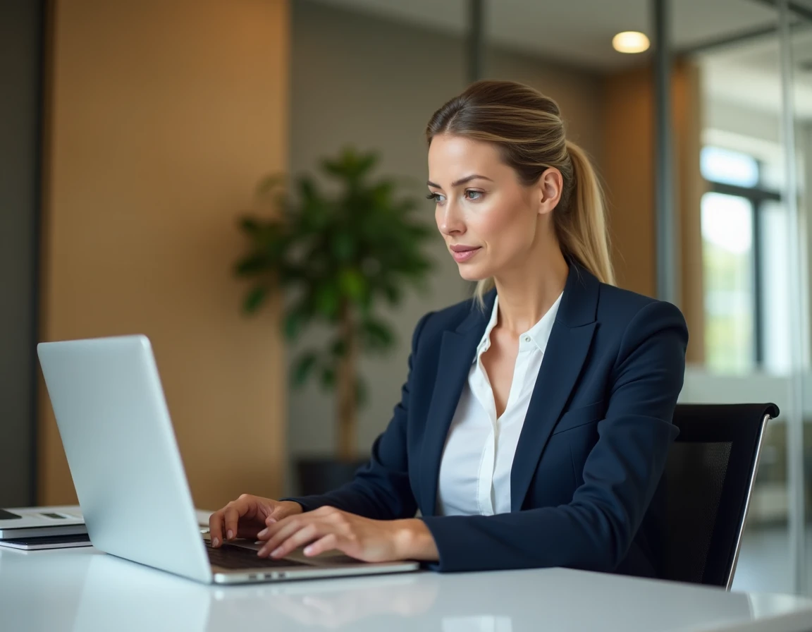 Employée de bureau recherchant l'adresse officielle de GTm Extranet La Poste sur son ordinateur portable