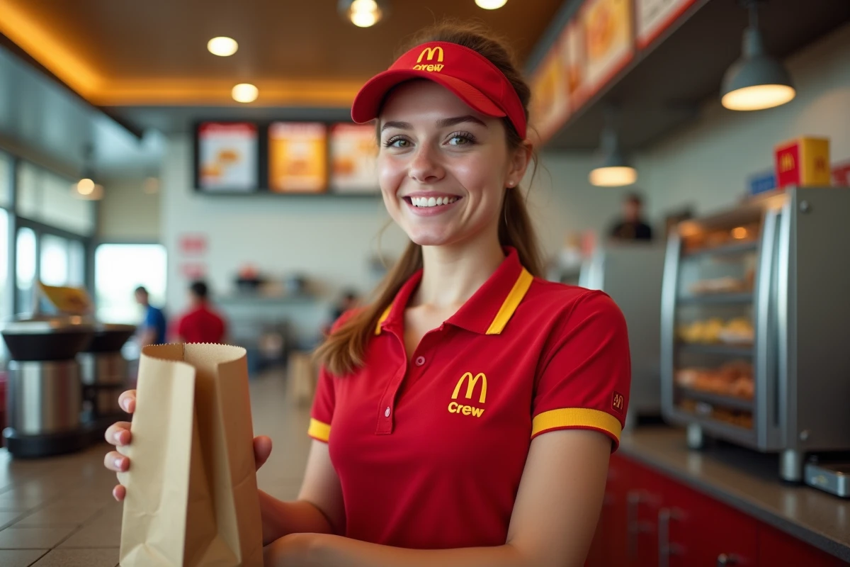 Employée étudiante en uniforme McDonald's servant un client au comptoir