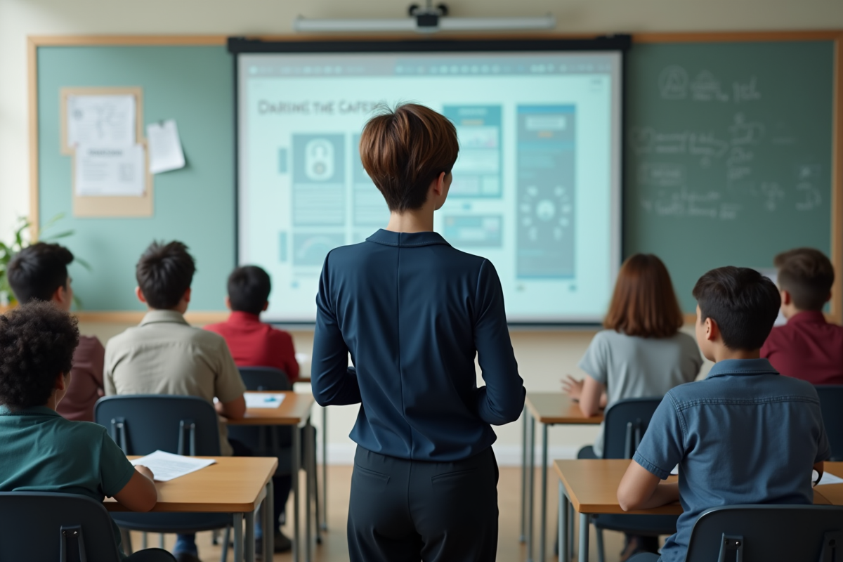 Enseignante expliquant la cybersécurité à des adolescents en classe