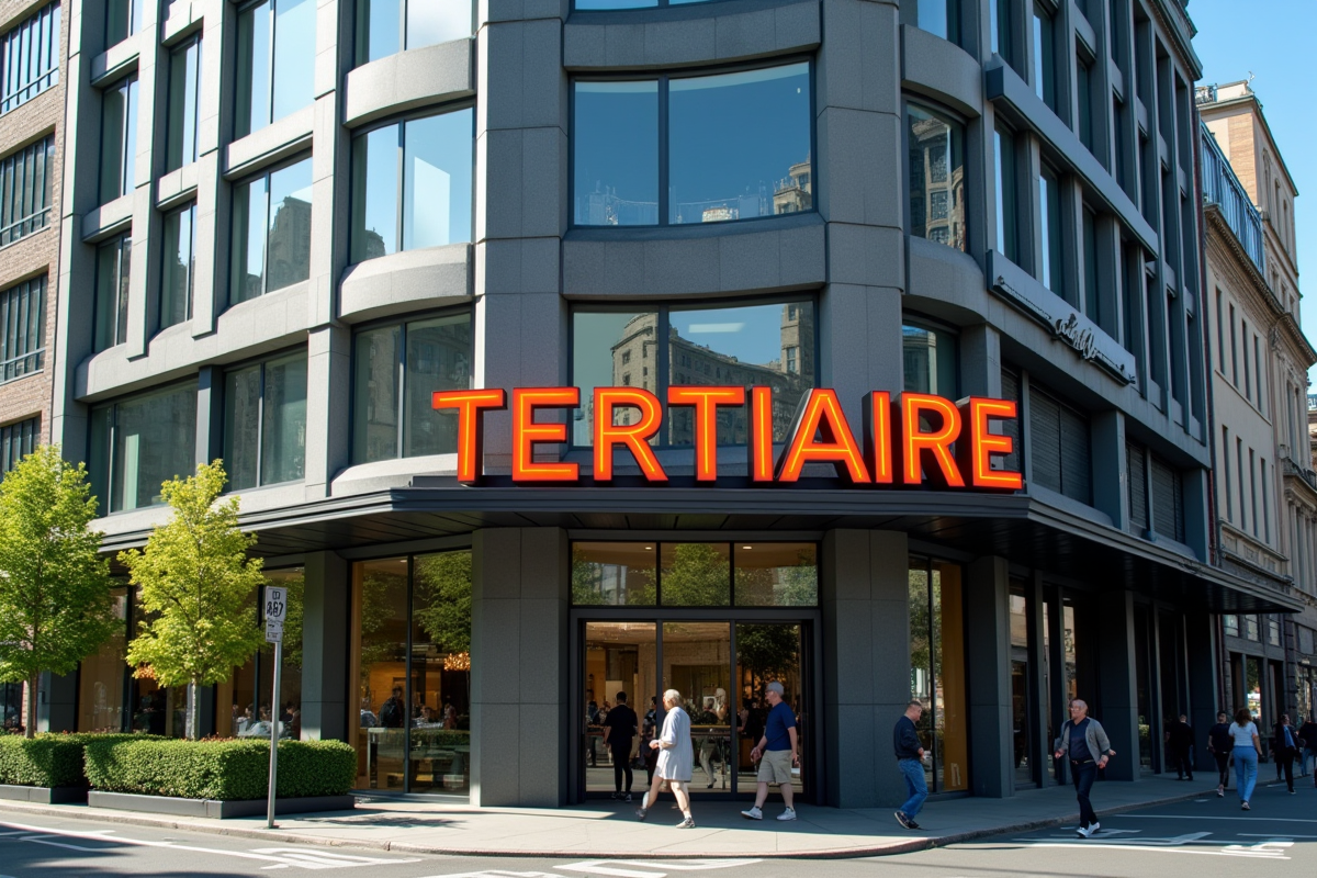 Panneau urbain avec le mot Tertiaire sur un bâtiment moderne