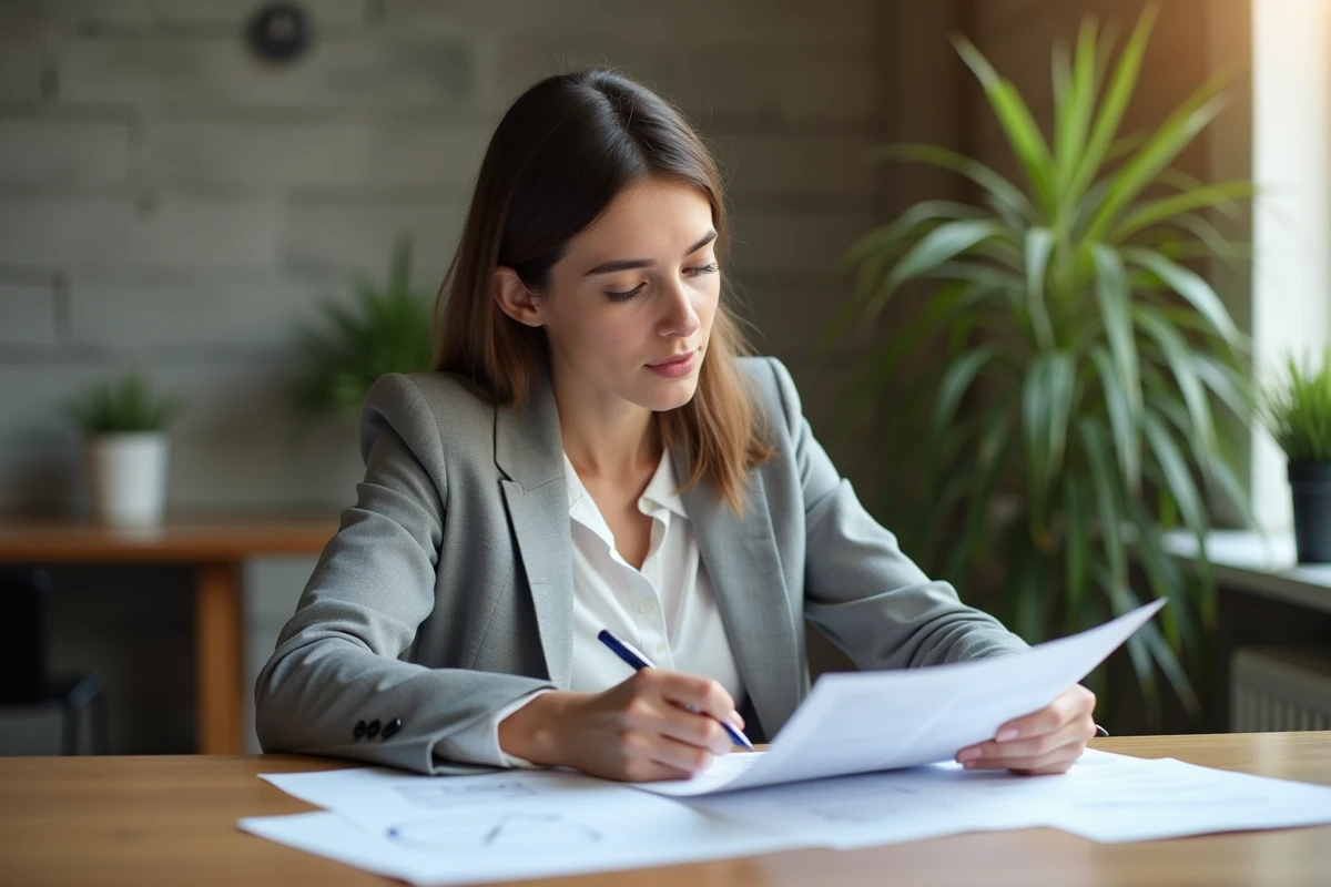 Jeune femme entrepreneur consultant des documents d'aides à la création d'entreprise dans un espace de co-working moderne
