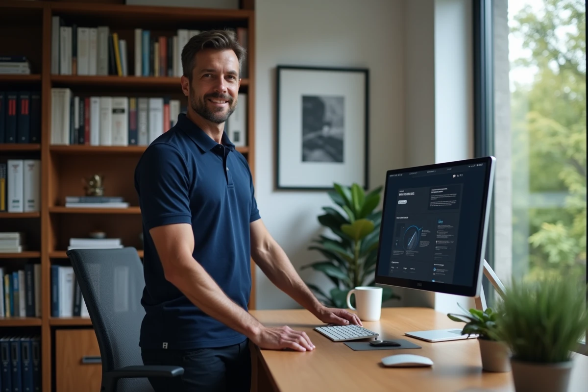 Entrepreneur indépendant consultant la plateforme Les Experts.com depuis son bureau à domicile