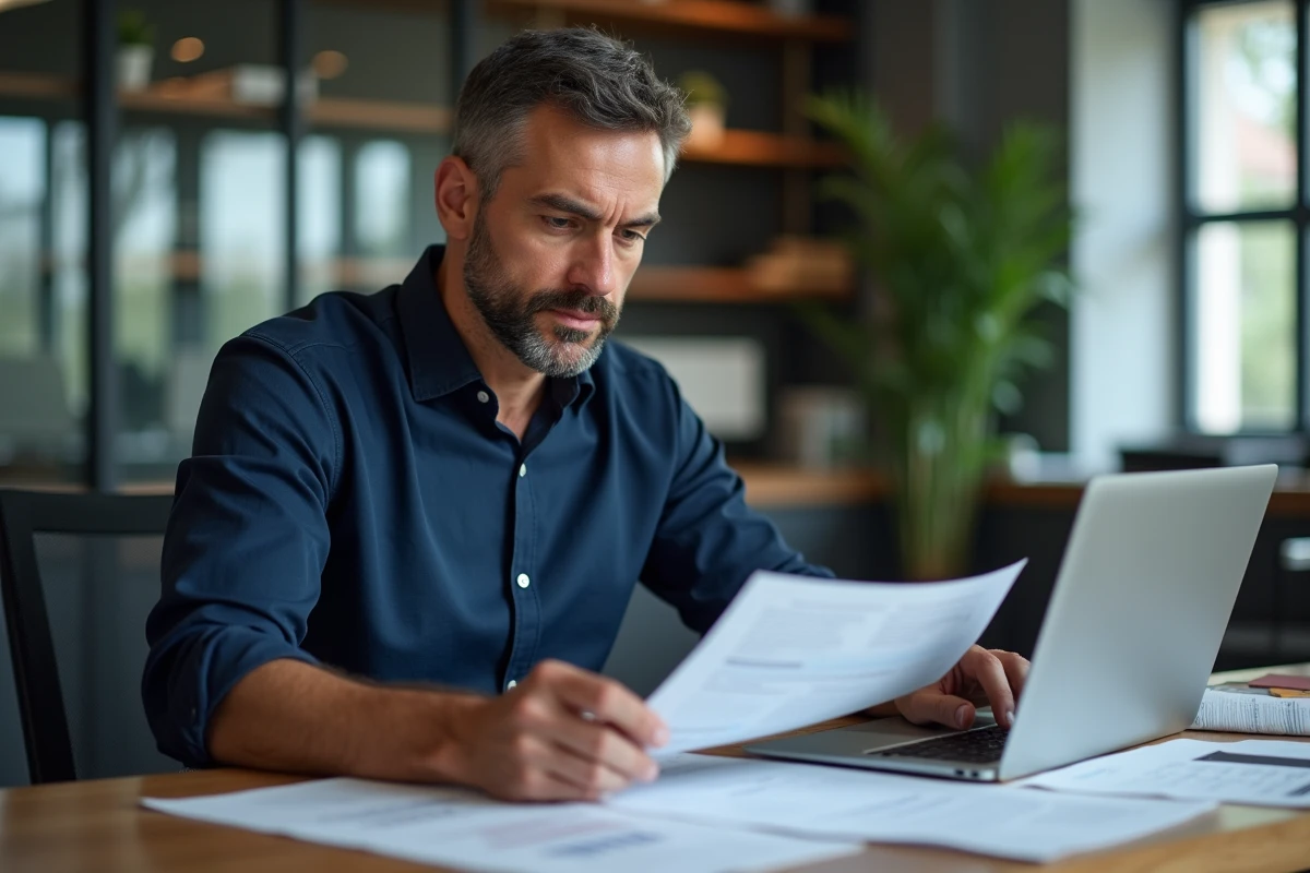 Entrepreneur analysant les frais de cession d'un fonds de commerce sur une calculette en ligne depuis son bureau professionnel