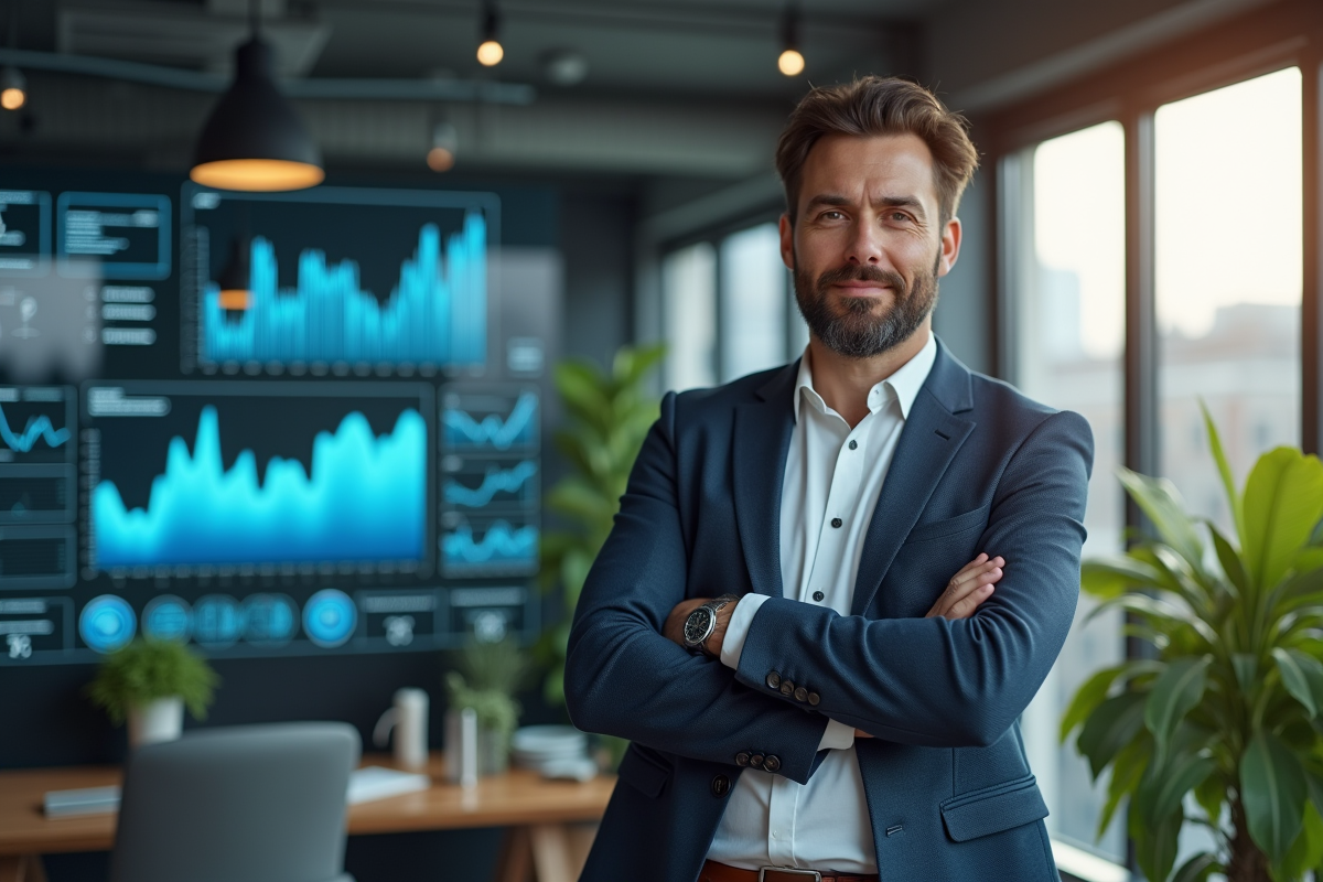 Entrepreneur français devant un tableau de bord digital moderne