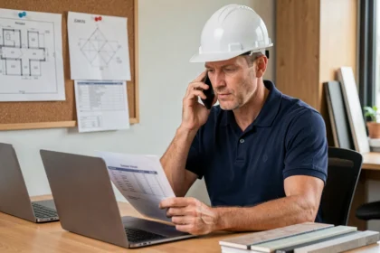 Entrepreneur en bâtiment consultant un devis travaux par téléphone dans un bureau professionnel