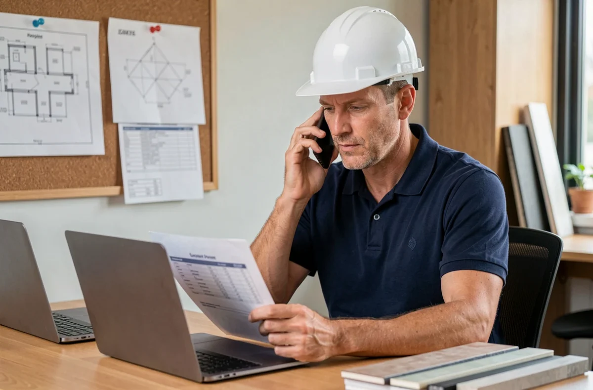 Entrepreneur en bâtiment consultant un devis travaux par téléphone dans un bureau professionnel